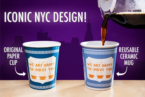 Ceramic New York Coffee Cup with Slogan We are happy to serve you